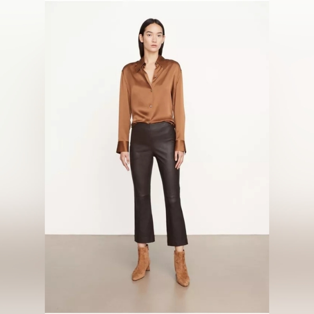 VINCE Women's Leather Pants Brown  Stretch  Cropped Flare Leggings Size L